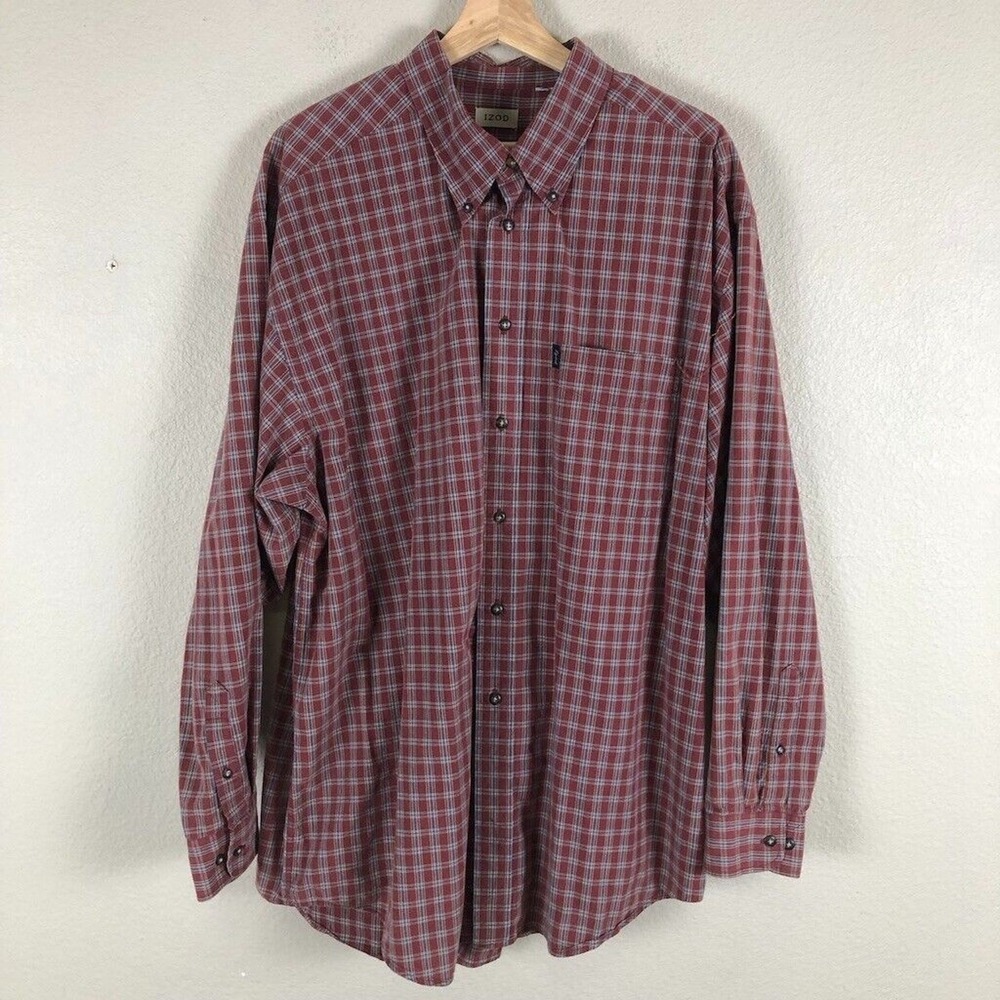 Izod Plaid‎ Shirt Men XL Red Button Down Classic Preppy Academia Basic Staple
